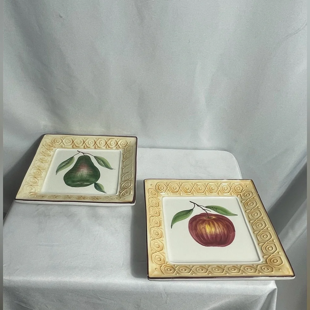 Stebas Hand Painted Italian Fruit Plates Pear Apple Wall Decor Set of 2